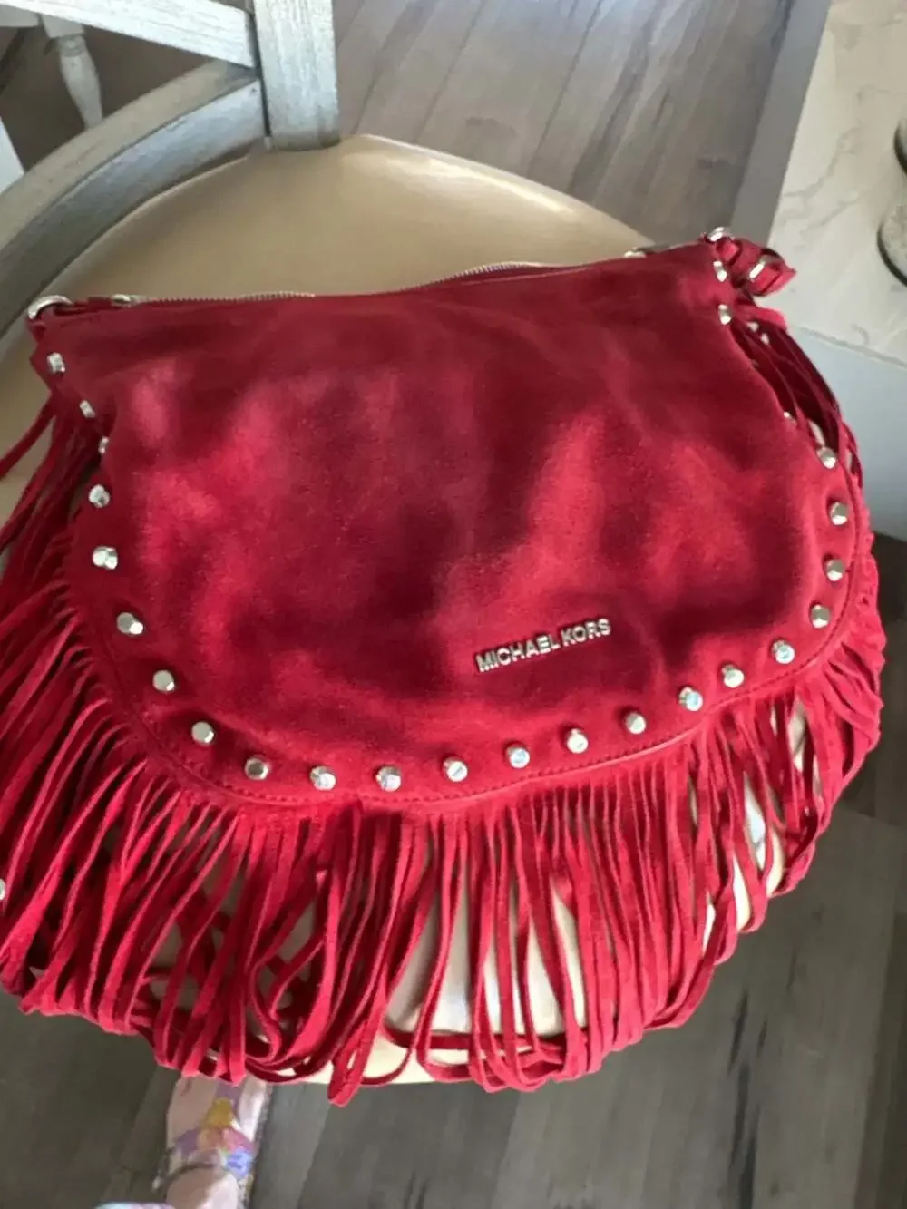 MICHAEL Michael Kors Red Suede Billy Large Fringe Hobo Bag